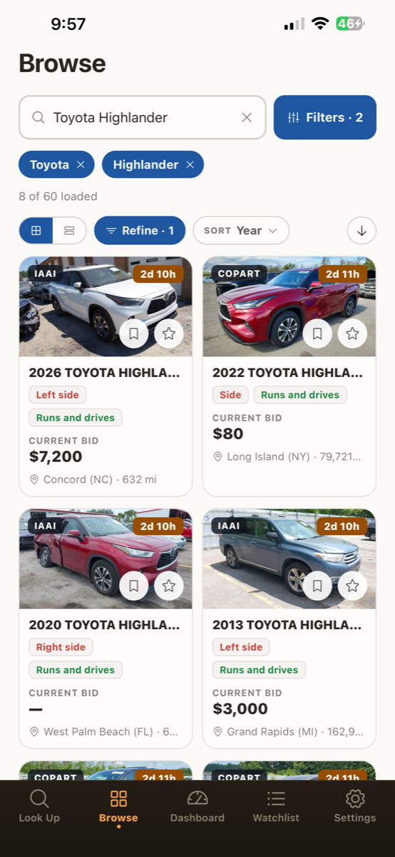 AuctionMate Browse screen with live auction inventory