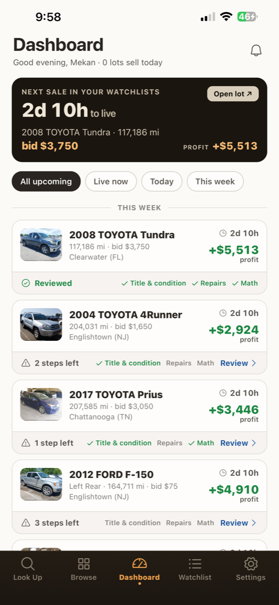 AuctionMate Dashboard with upcoming sales and readiness checks