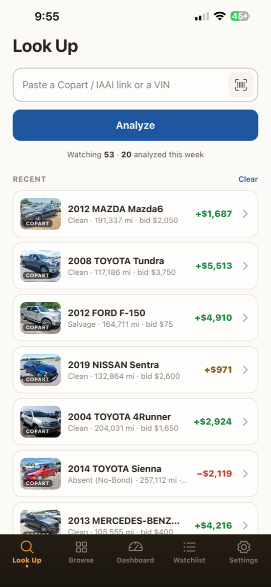 AuctionMate Look Up screen with recent lots and profit deltas