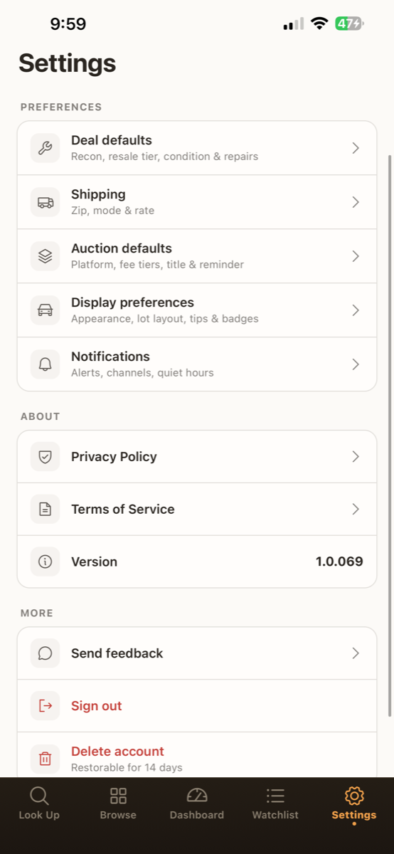 AuctionMate Settings with deal defaults and notifications