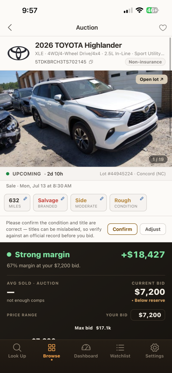 AuctionMate auction verdict on an iPhone